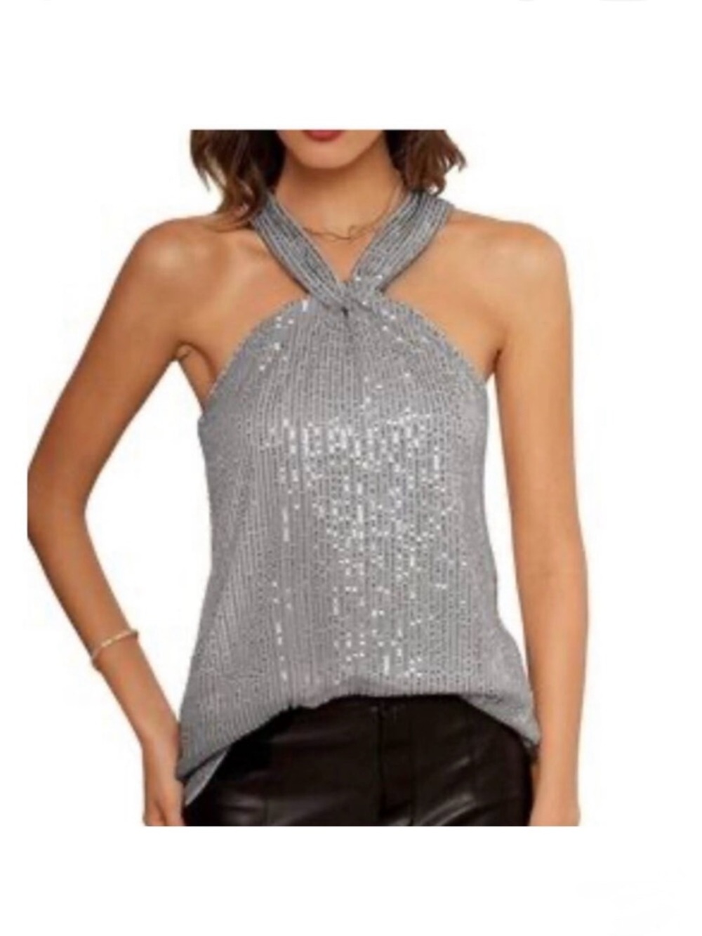 Grace Karin NWT Silver Sequin Glitzy‎ Glam Lined Halter Blouse New Years Smll